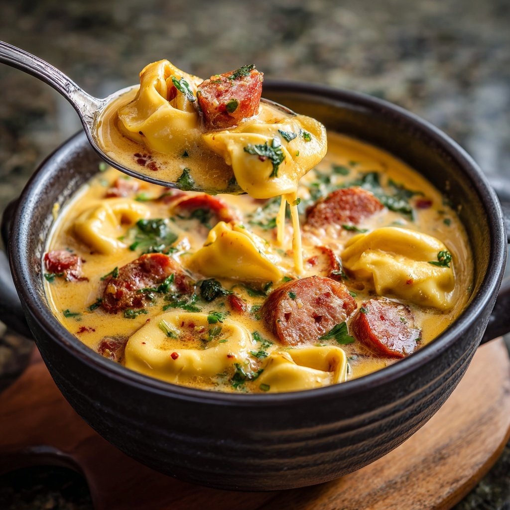 Romige tortellini soep met Italiaanse worst